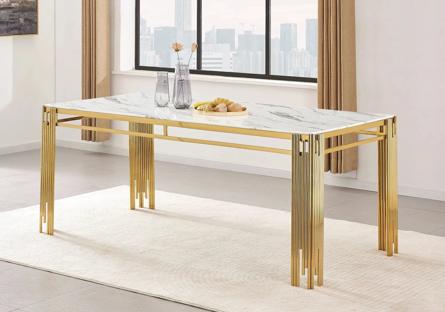 Table salle à manger dorée marbre blanc – Galerie du Mobilier - Vue 1