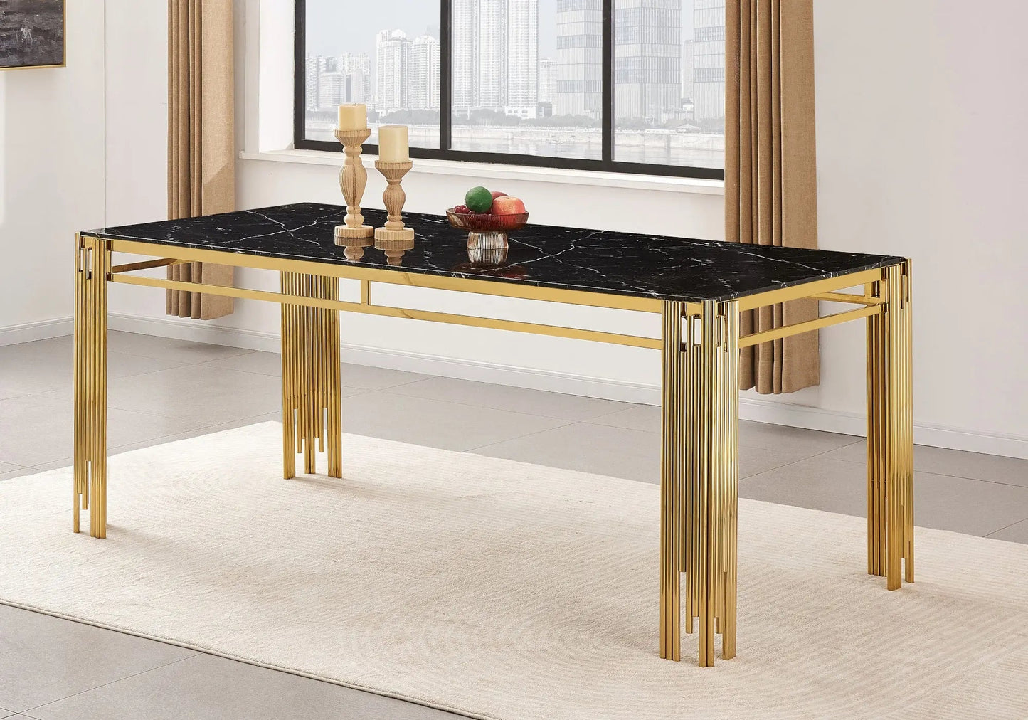 Table salle à manger dorée marbre noir – Galerie du Mobilier - Vue 1