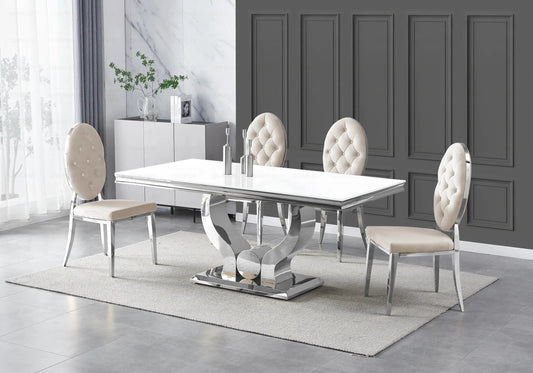 Table verre blanc et chaises capitonnées beige TROPHEE Galerie du Mobilier