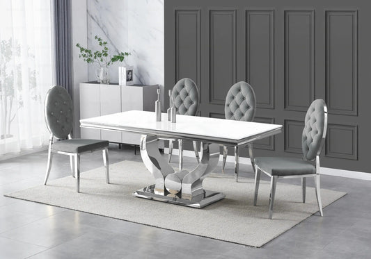 Table verre blanc et chaises capitonnées gris argent TROPHEE Galerie du Mobilier