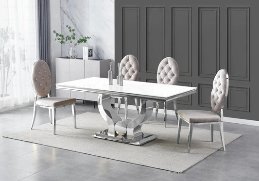 Table verre blanc et chaises capitonnées taupe TROPHEE Galerie du Mobilier