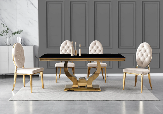 Table verre noir chaises capitonnées beige doré TROPHEE Galerie du Mobilier
