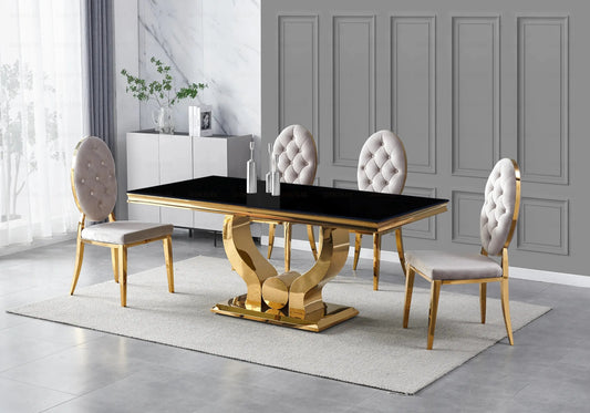 Table verre noir chaises capitonnées taupe doré TROPHEE Galerie du Mobilier