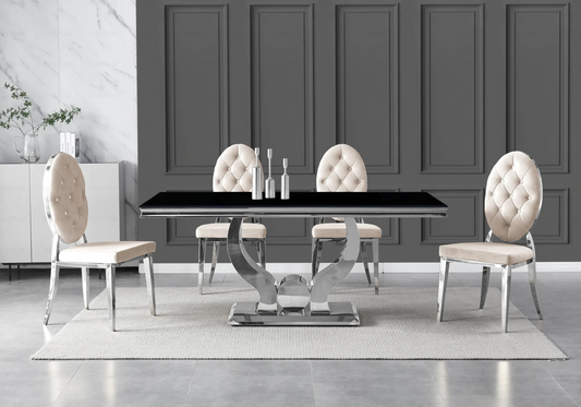 Table verre noir et chaises capitonnées beige TROPHEE Galerie du Mobilier