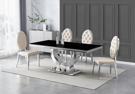 Table verre noir et chaises capitonnées beige TROPHEE Galerie du Mobilier