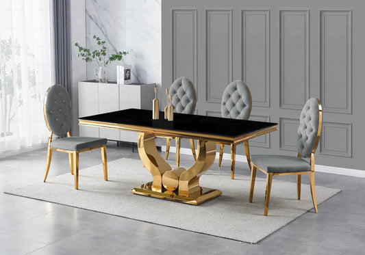 Table verre noir et chaises capitonnées gris doré TROPHEE Galerie du Mobilier