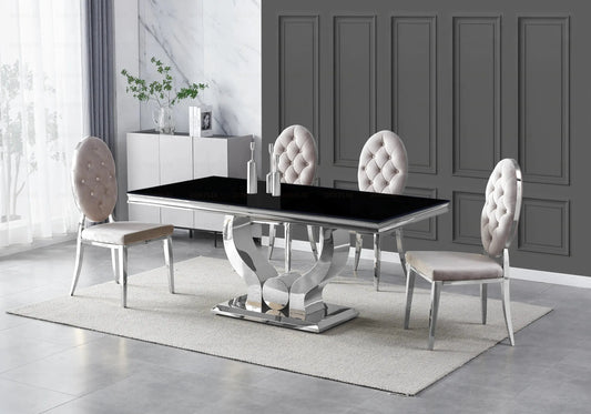 Table verre noir et chaises capitonnées taupe TROPHEE Galerie du Mobilier