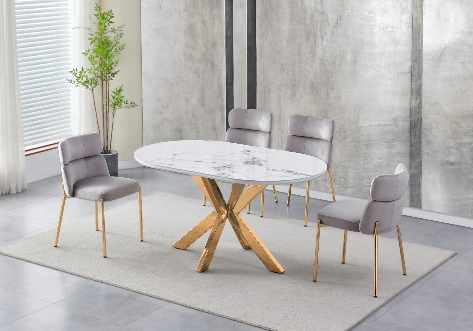 Table Marbre Blanc et Chaises Taupe Dorés – OPHELIA - Galerie du Mobilier
