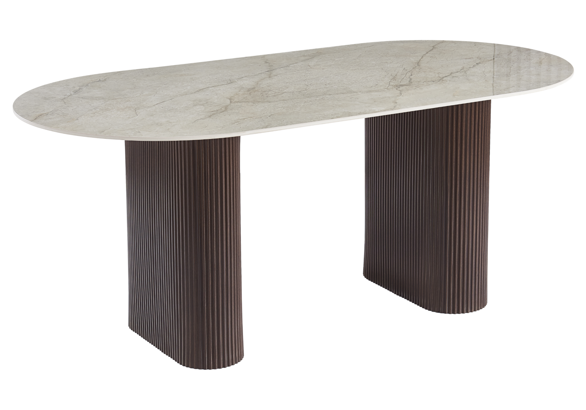 Table à manger ovale marbre gris et pieds noyer – Galerie du Mobilier - Vue 1