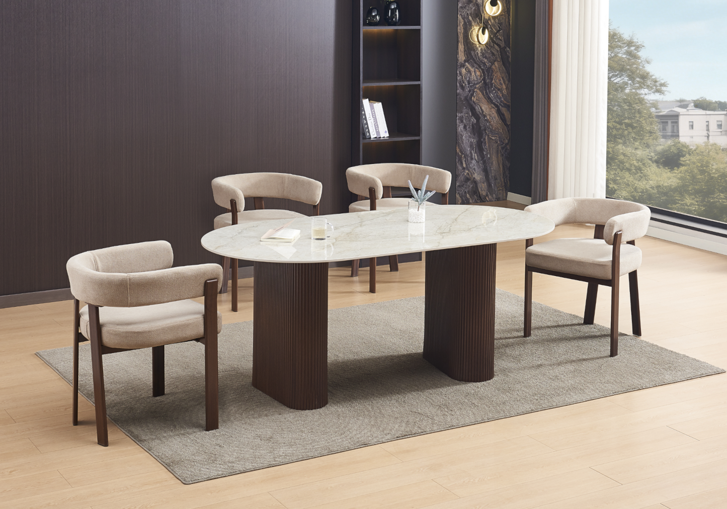 Table à manger ovale marbre gris et pieds noyer – Galerie du Mobilier