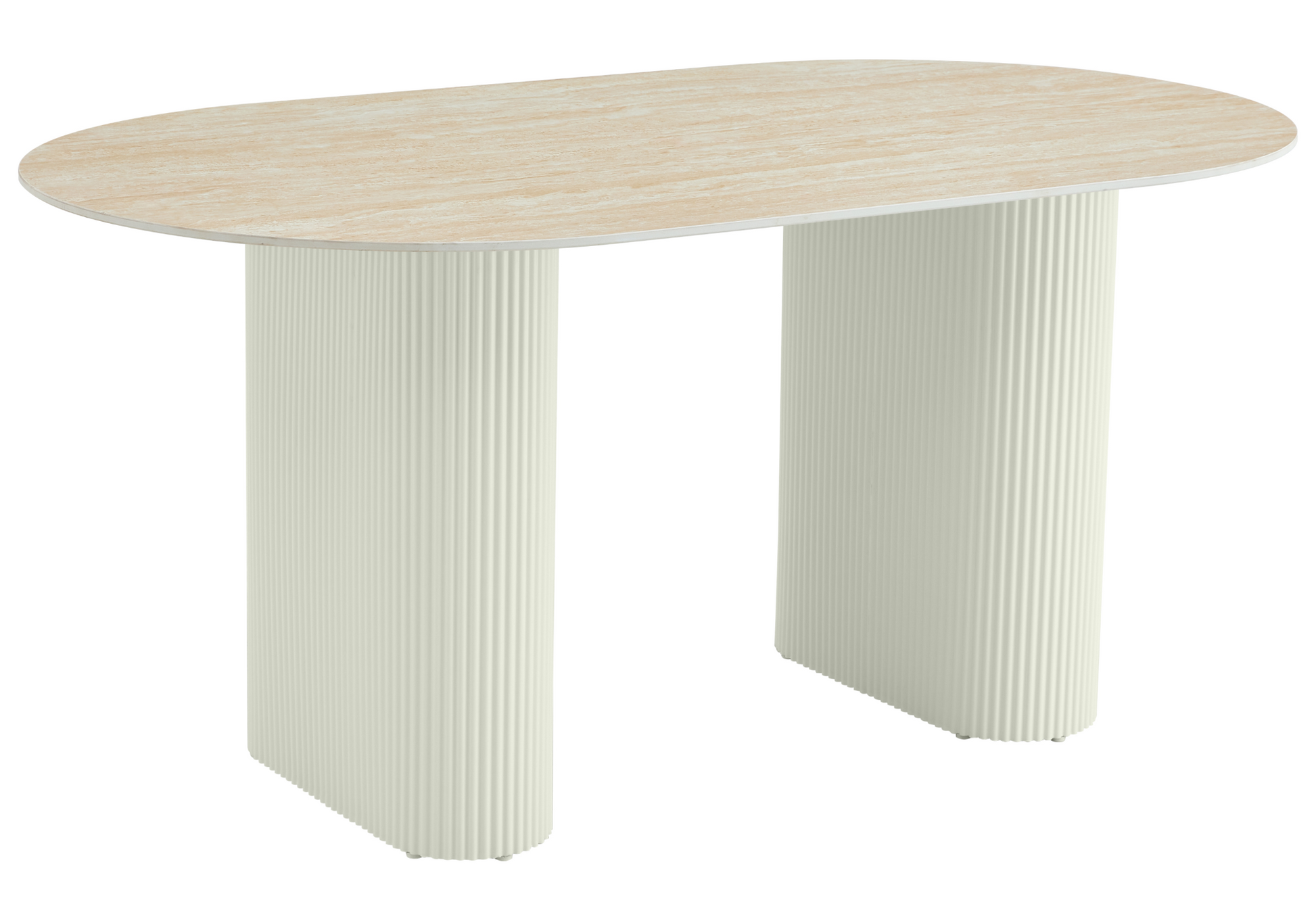 Table à manger ovale travertin et pieds beige - – Galerie du Mobilier - Vue 1