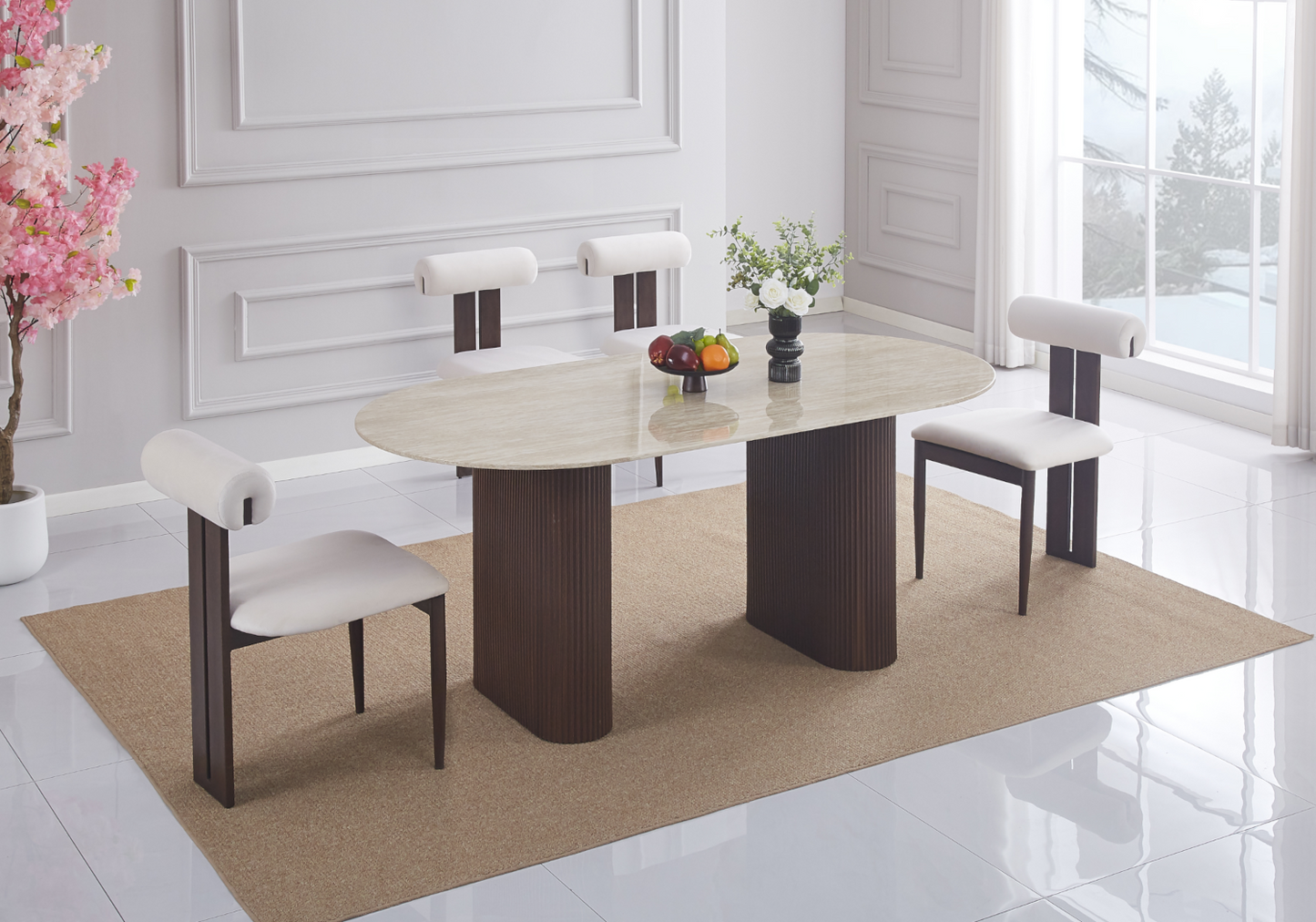 Table à manger ovale effet travertin pieds – Galerie du Mobilier
