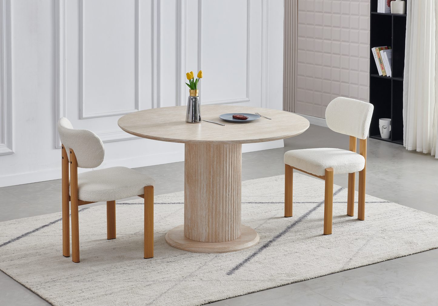 Table à manger ronde effet travertin – Inaya – Galerie du Mobilier