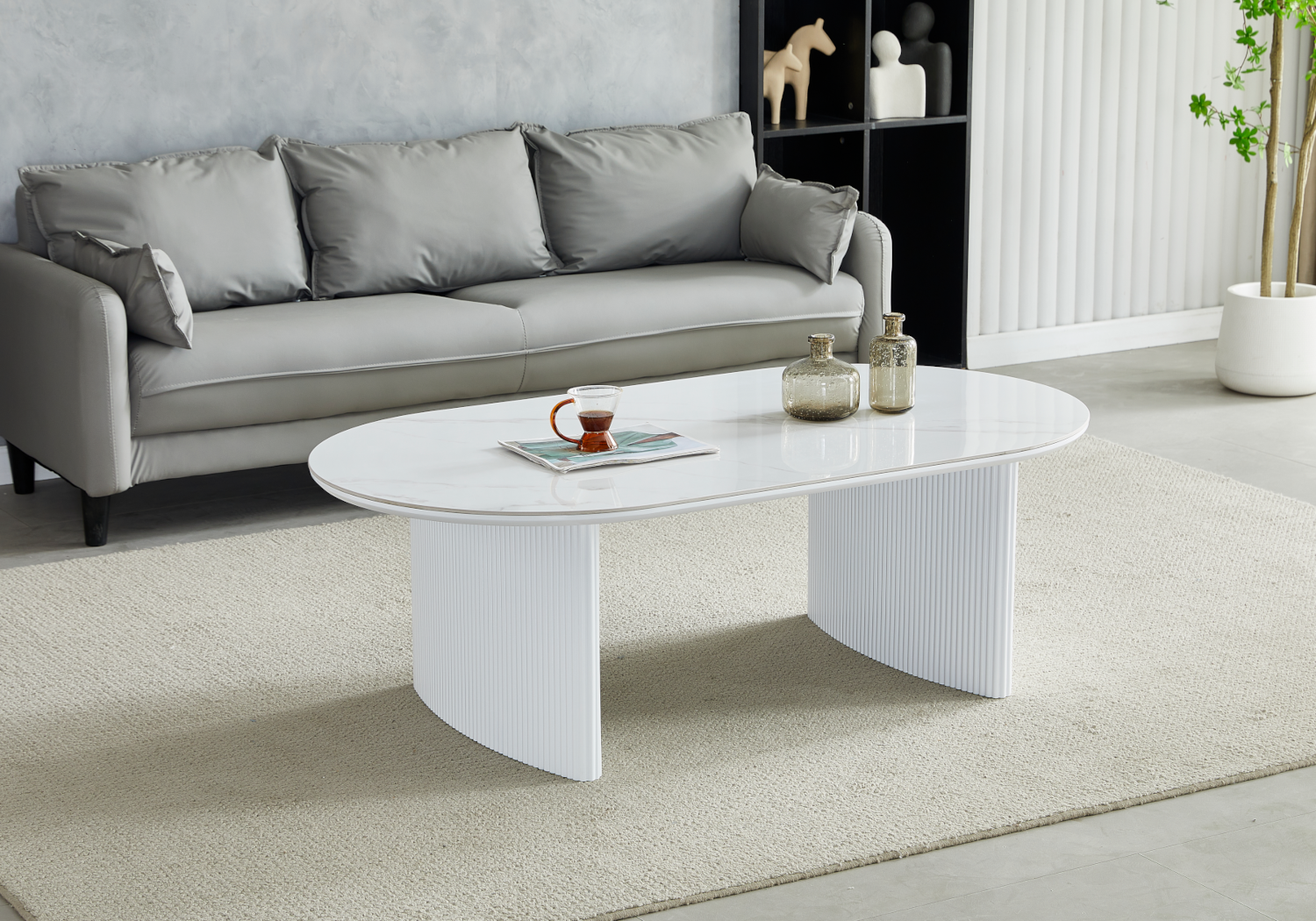 Table basse ovale marbre blanc cannelée – Kara – Galerie du Mobilier - Vue 1