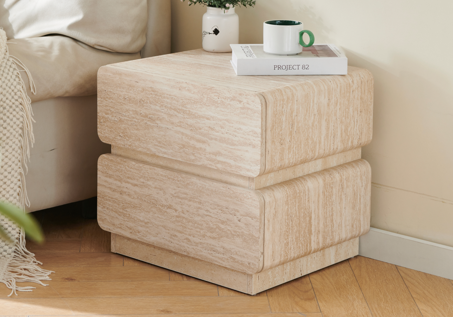 Table de chevet arrondie effet travertin – Duna – Galerie du Mobilier - Vue 1