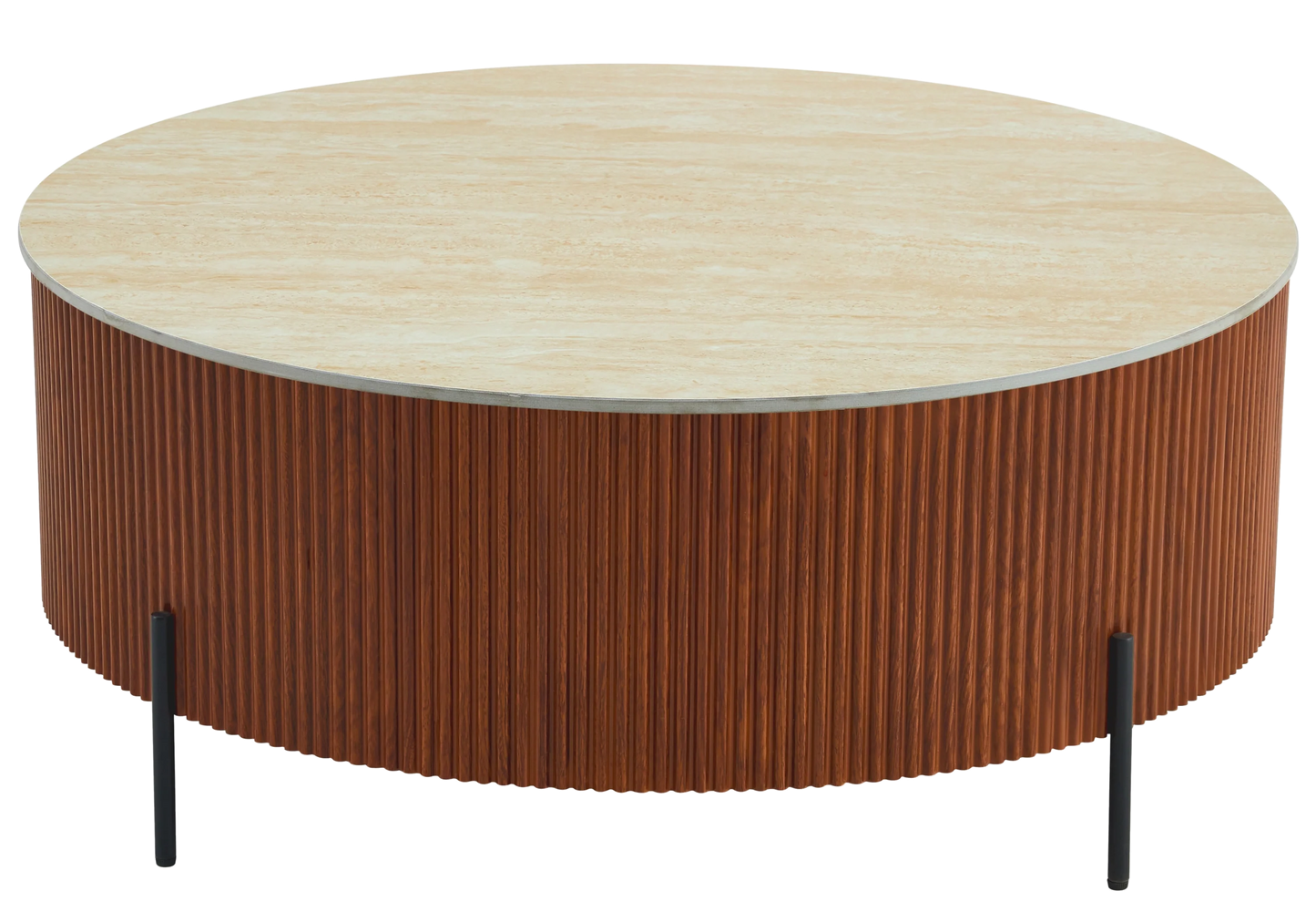 Table basse ronde travertin pied bois – Galerie du Mobilier