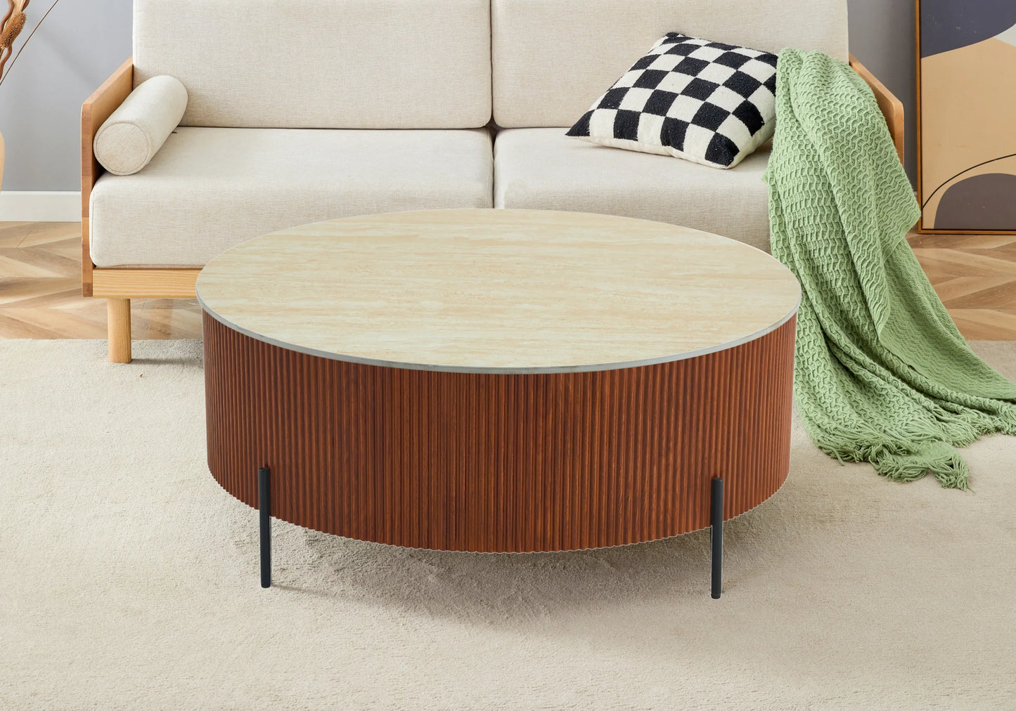 Table basse ronde travertin pied bois – Galerie du Mobilier - Vue 1