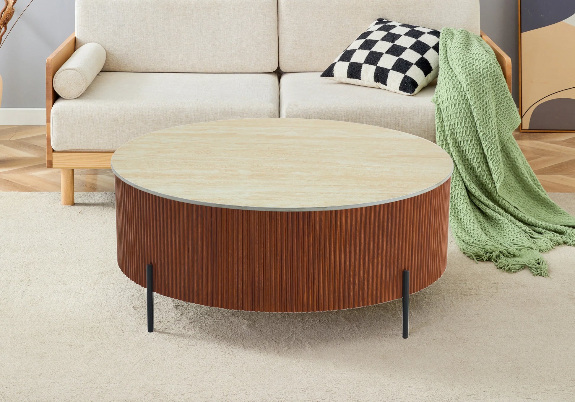 Table basse ronde travertin pied bois – Galerie du Mobilier - Vue 1