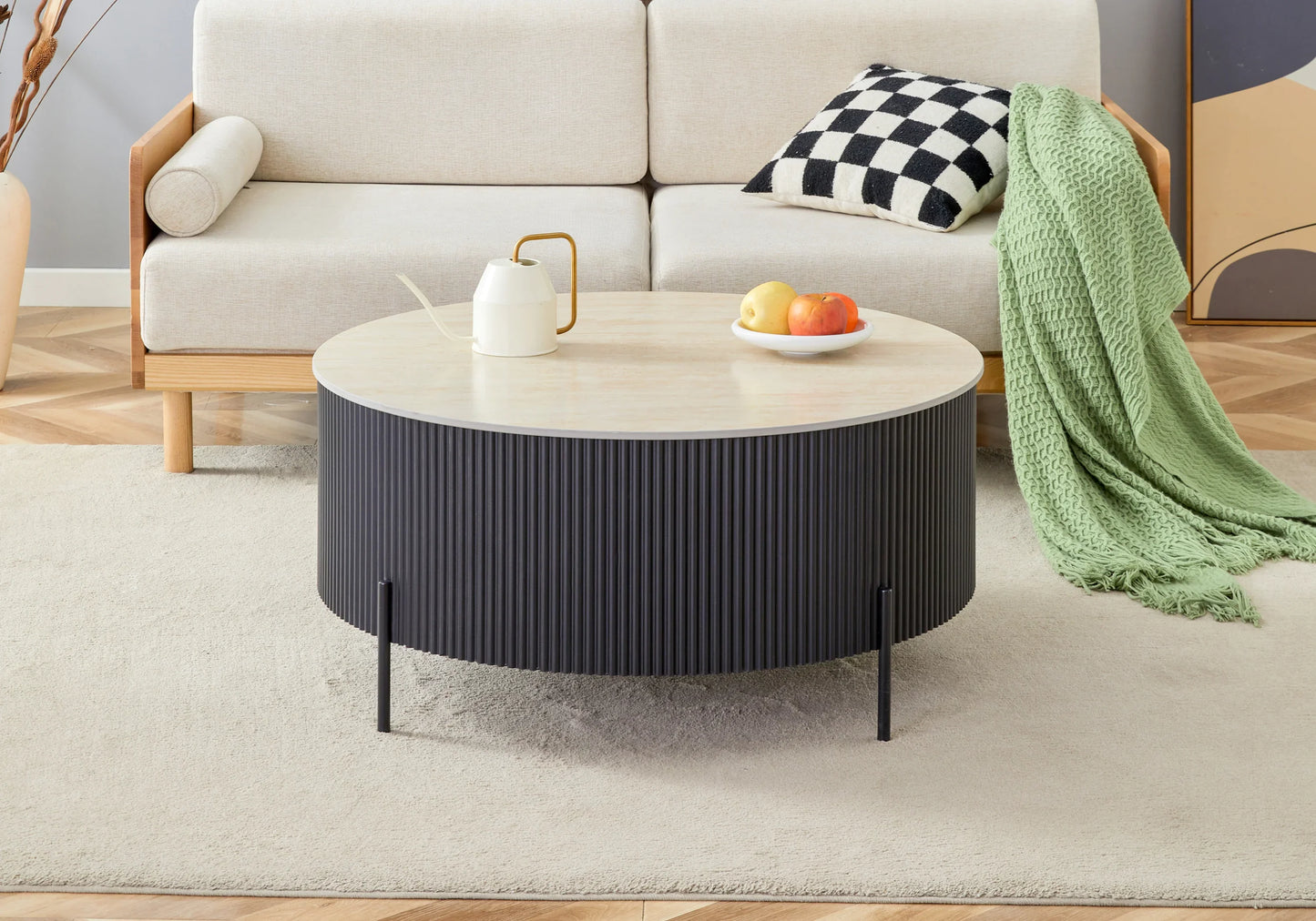 Table basse ronde travertin pied cannelé noir – Galerie du Mobilier