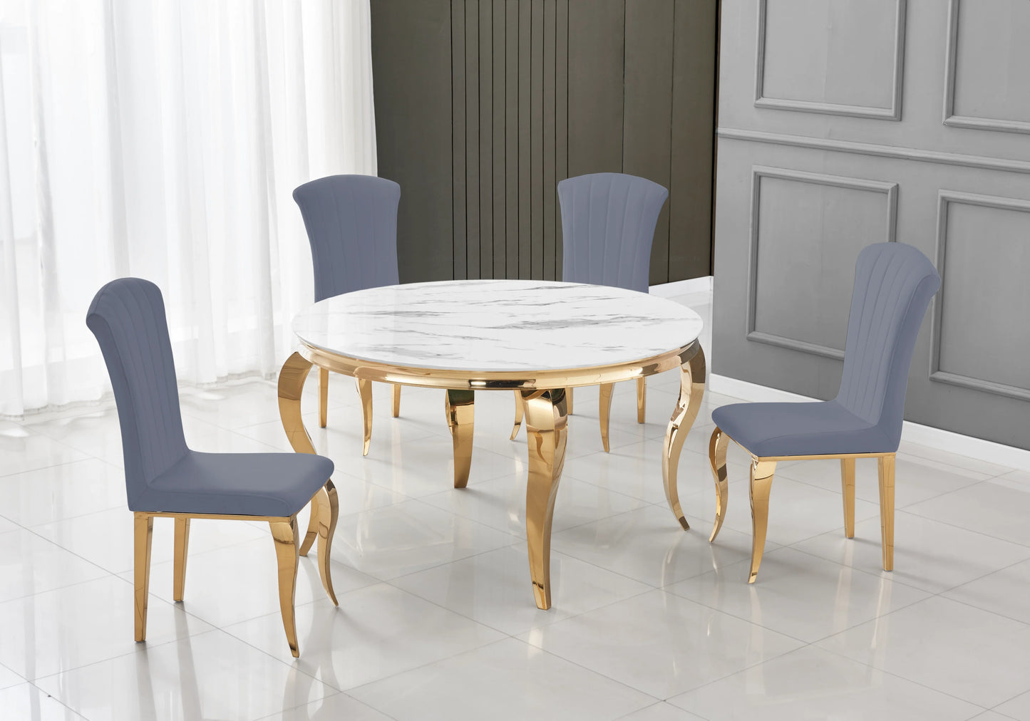 Table ronde marbre blanc et 4 chaises velours or – Galerie du Mobilier
