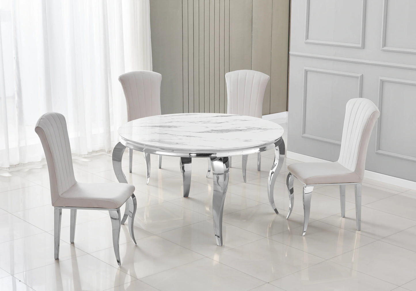 Table ronde marbre blanc et 4 chaises argent – Galerie du Mobilier
