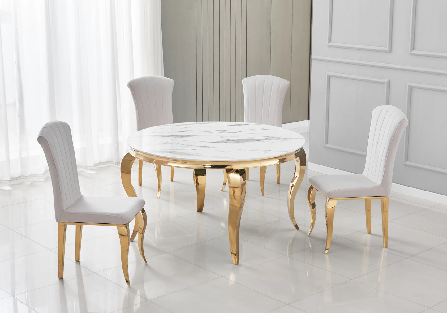 Table ronde marbre blanc et 4 chaises velours or – Galerie du Mobilier