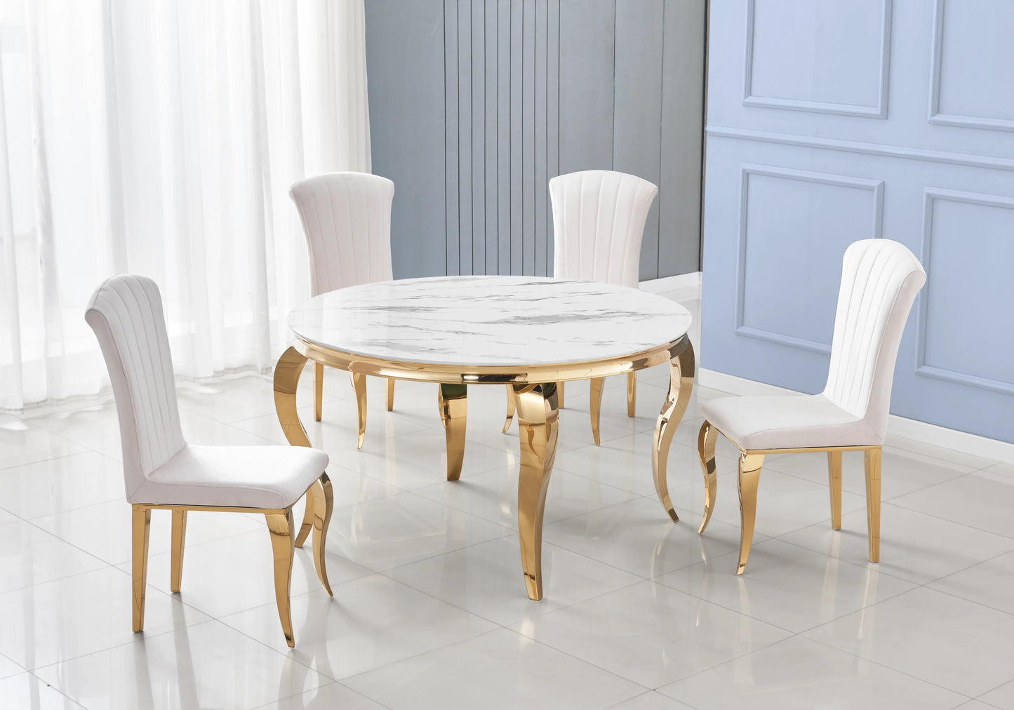 Table ronde marbre blanc et 4 chaises velours or – Galerie du Mobilier - Vue 1