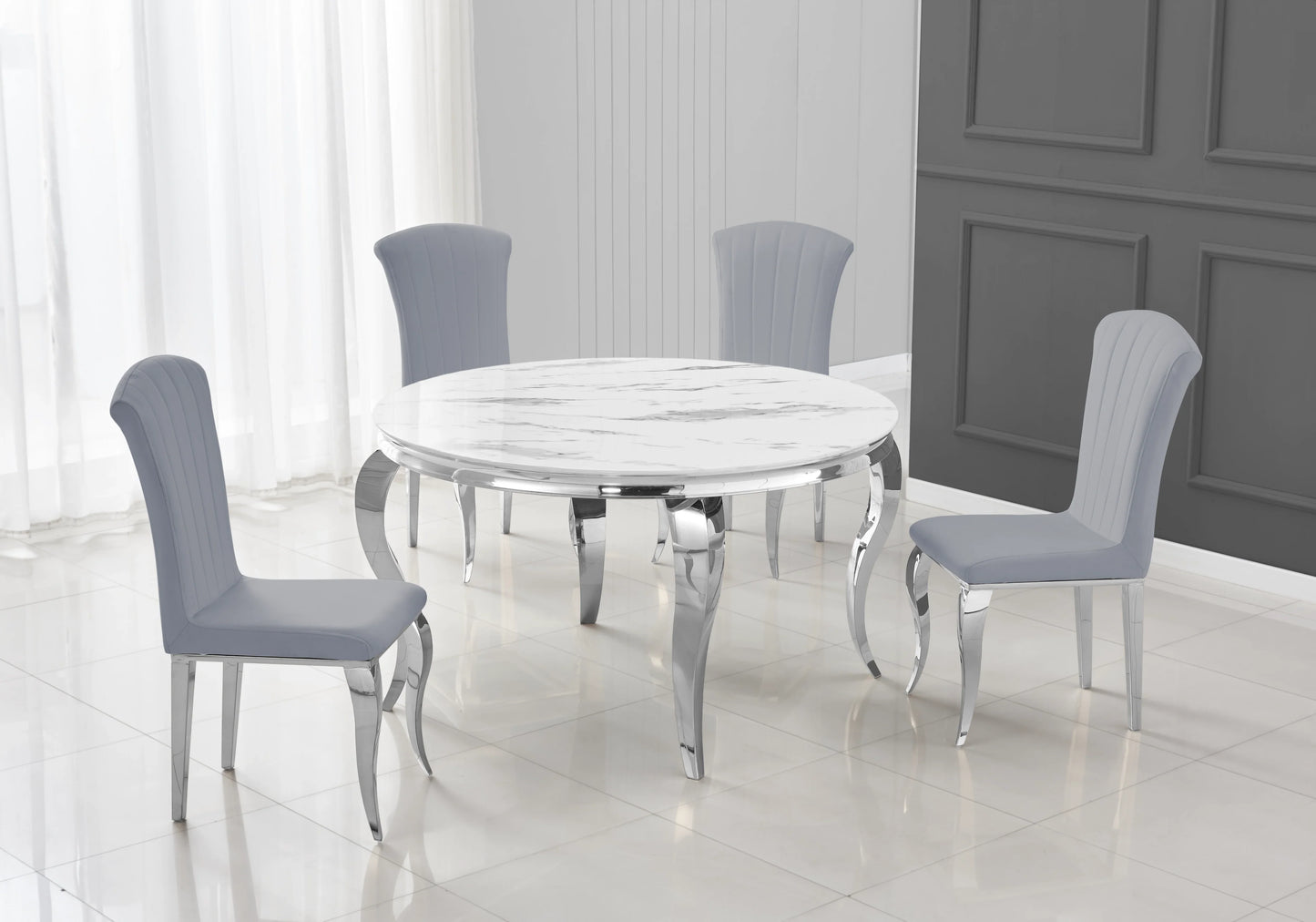 Table ronde marbre blanc et 4 chaises argent – Galerie du Mobilier