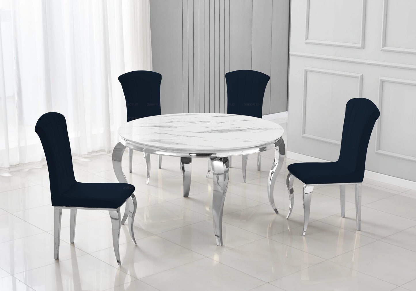 Table ronde marbre blanc et 4 chaises argent – Galerie du Mobilier