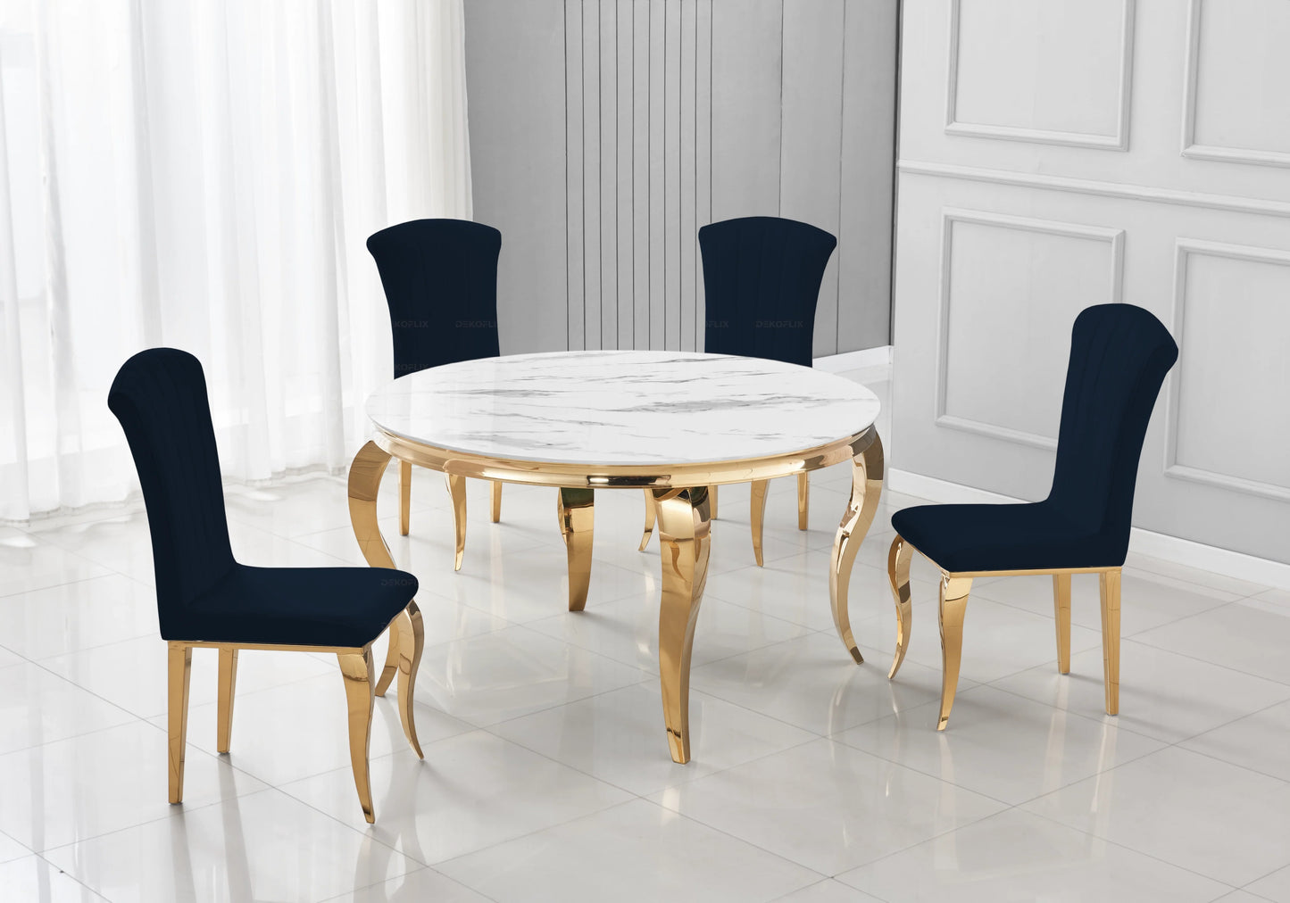 Table ronde marbre blanc et 4 chaises velours or – Galerie du Mobilier