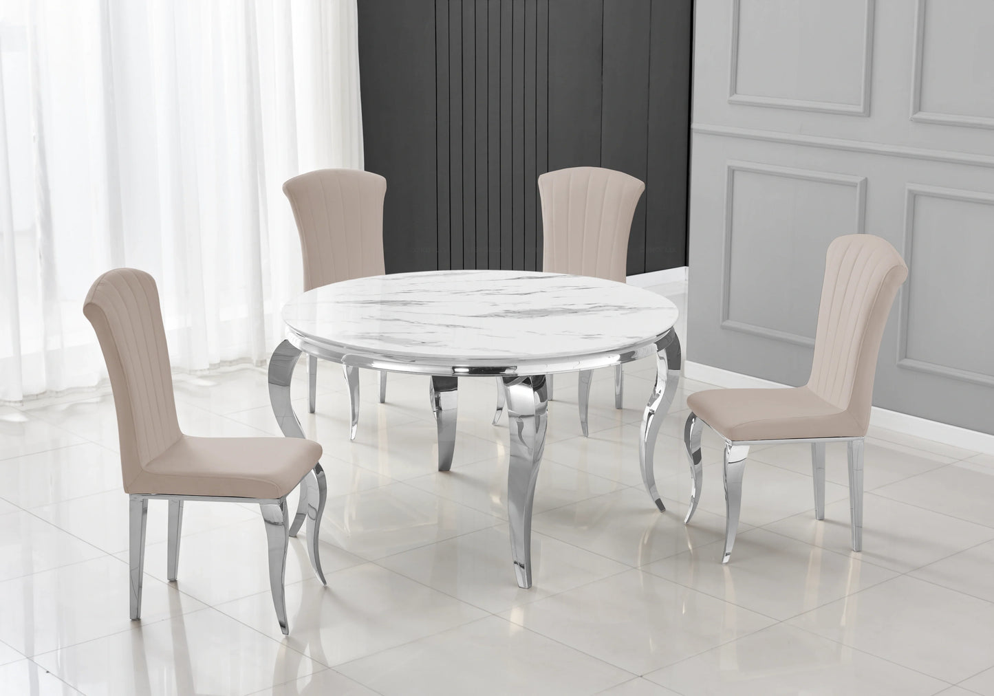 Table ronde marbre blanc et 4 chaises argent – Galerie du Mobilier