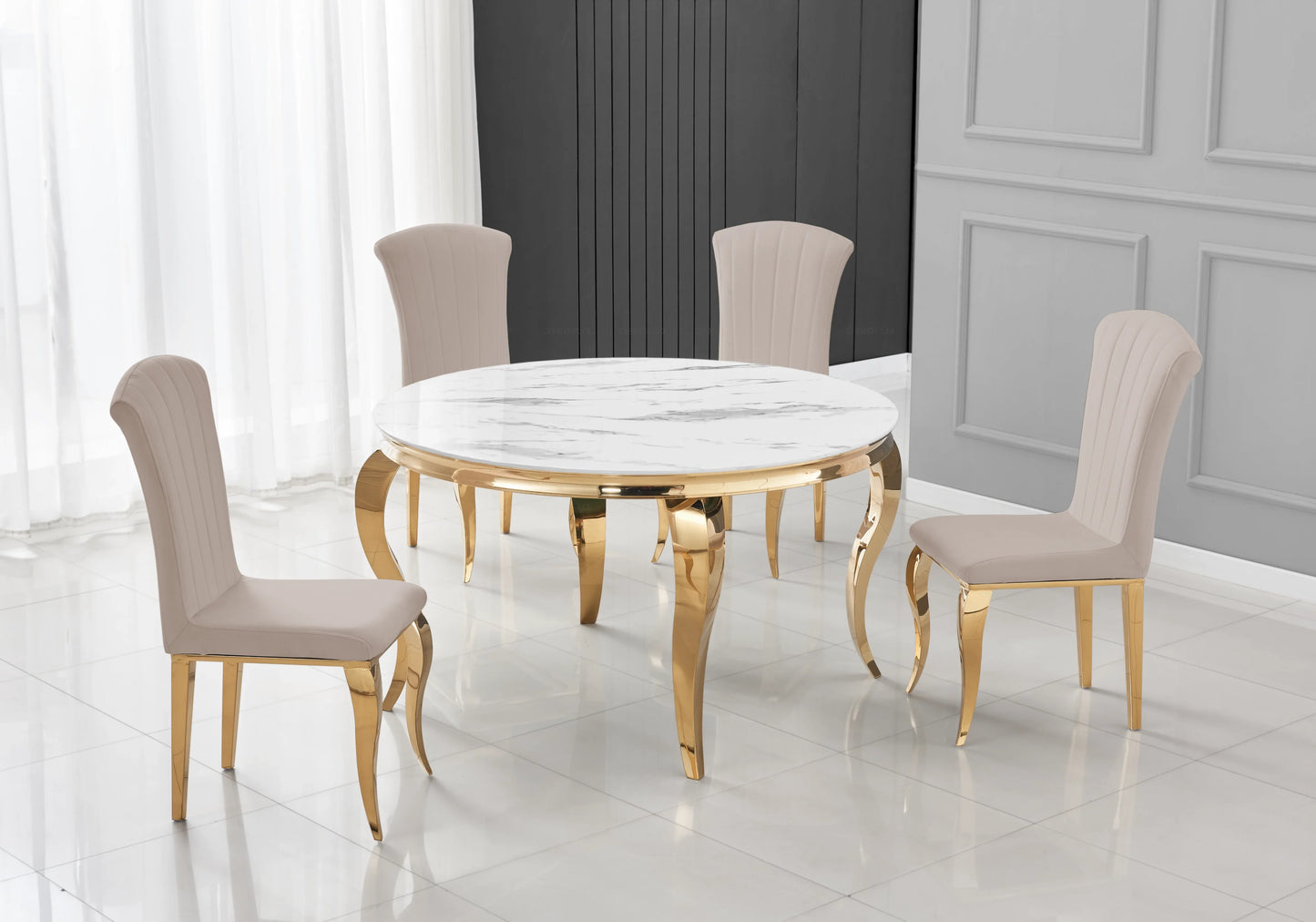 Table ronde marbre blanc et 4 chaises velours or – Galerie du Mobilier