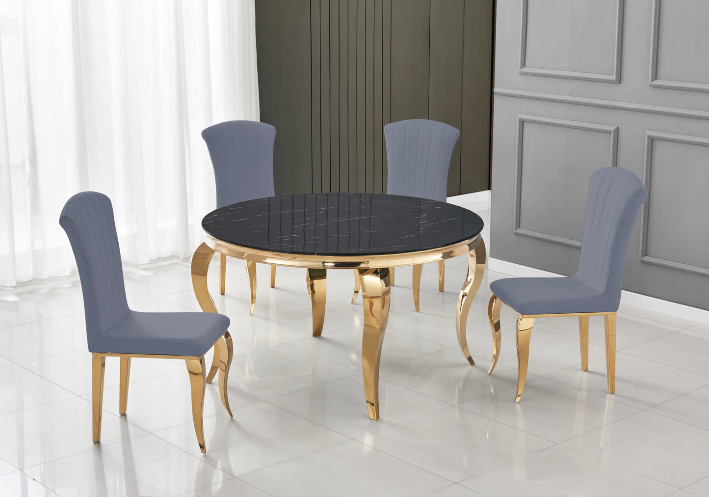 Table ronde marbre noir et 4 chaises velours or – Galerie du Mobilier