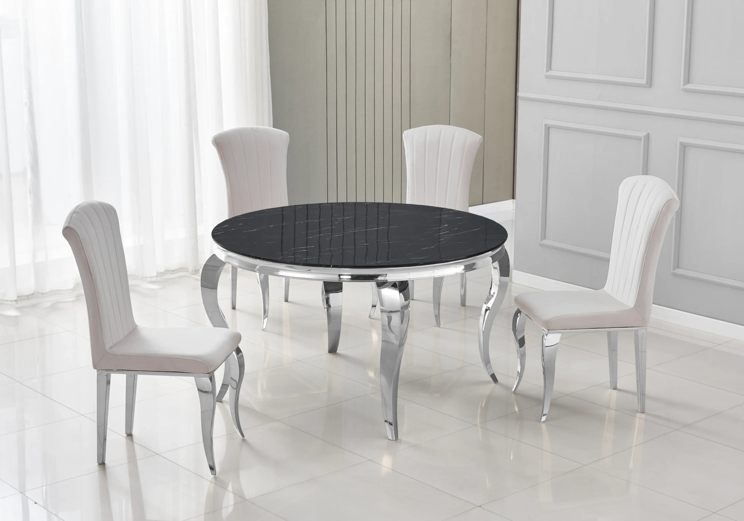 Table ronde marbre noir et 4 chaises argent – Galerie du Mobilier