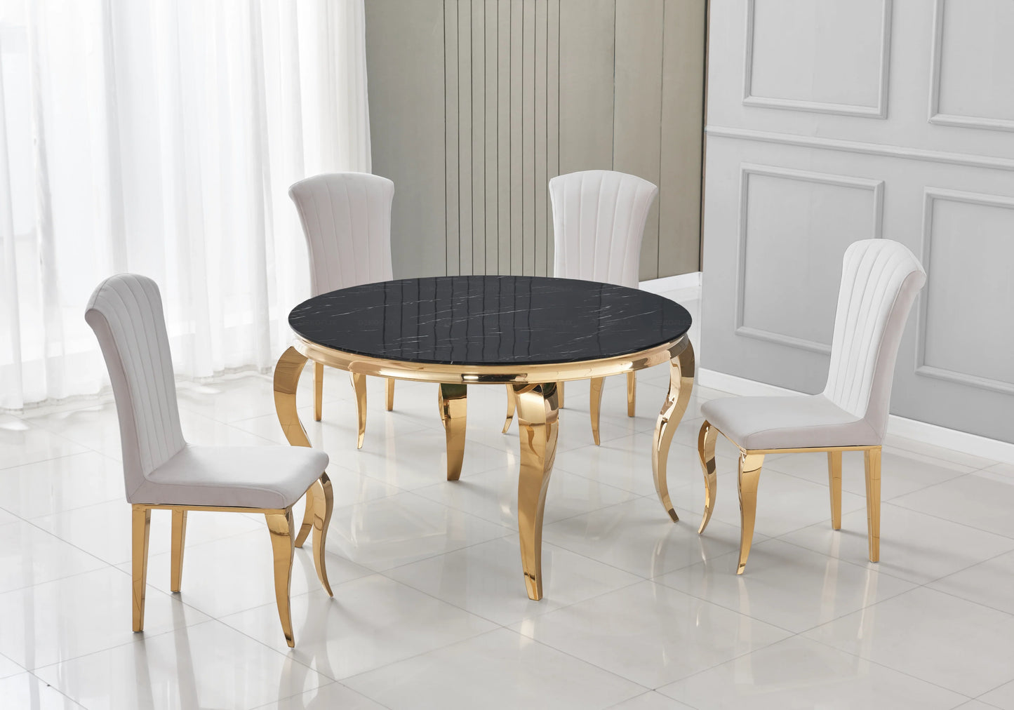 Table ronde marbre noir et 4 chaises velours or – Galerie du Mobilier
