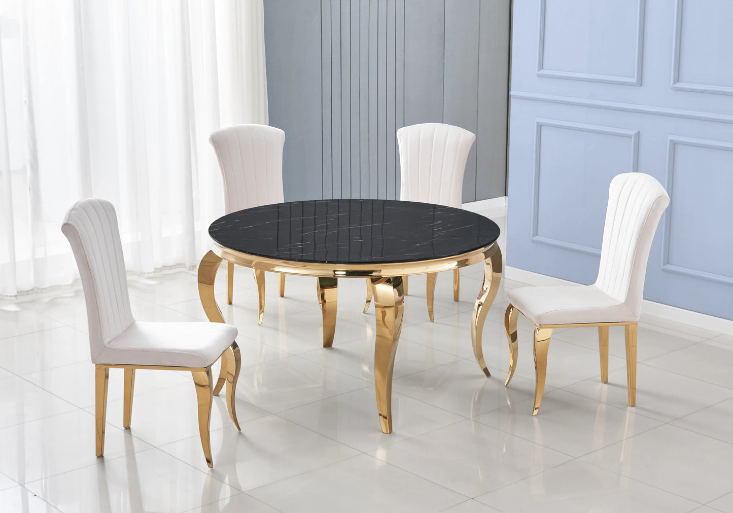 Table ronde marbre noir et 4 chaises velours or – Galerie du Mobilier