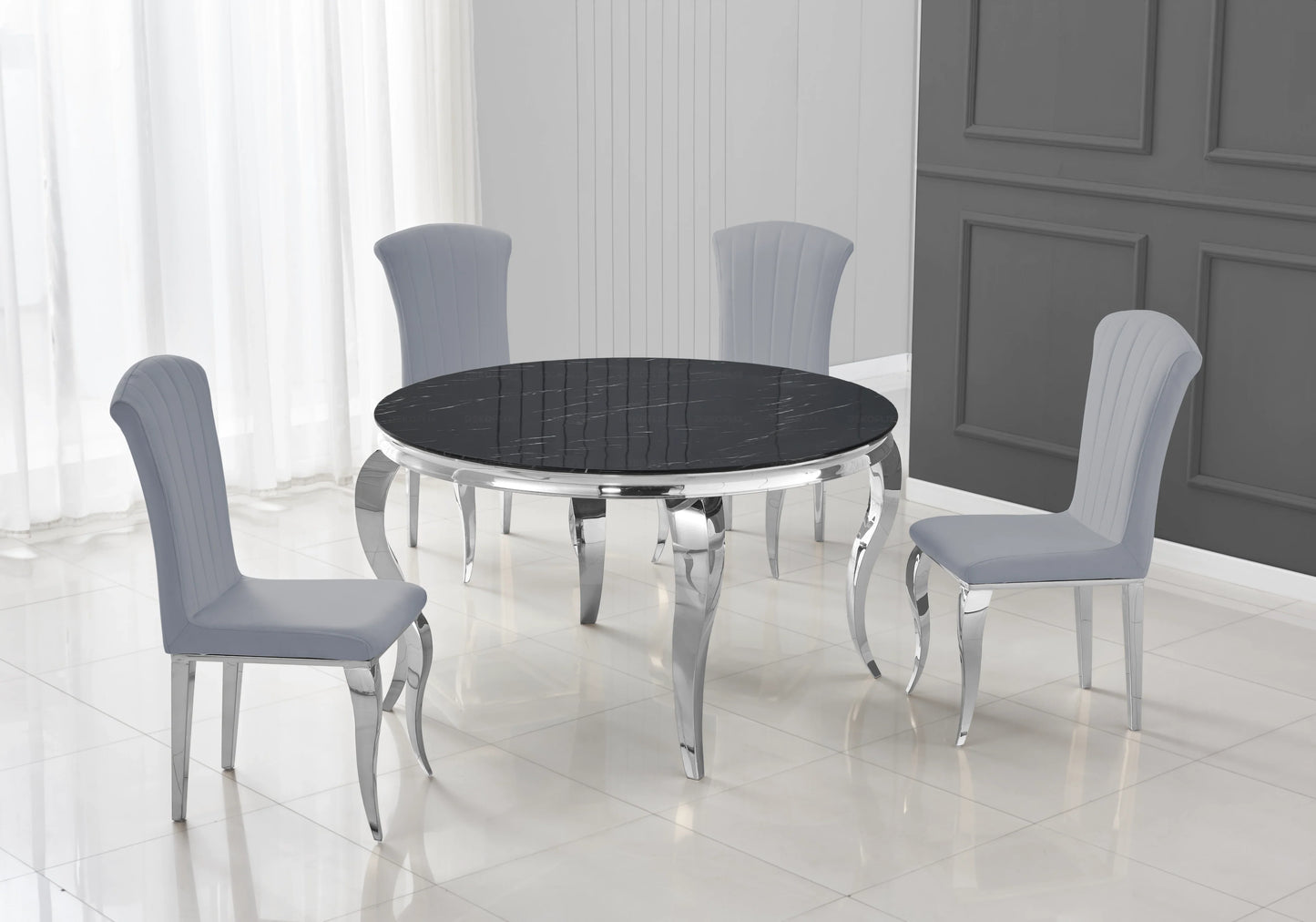 Table ronde marbre noir et 4 chaises argent – Galerie du Mobilier - Vue 1