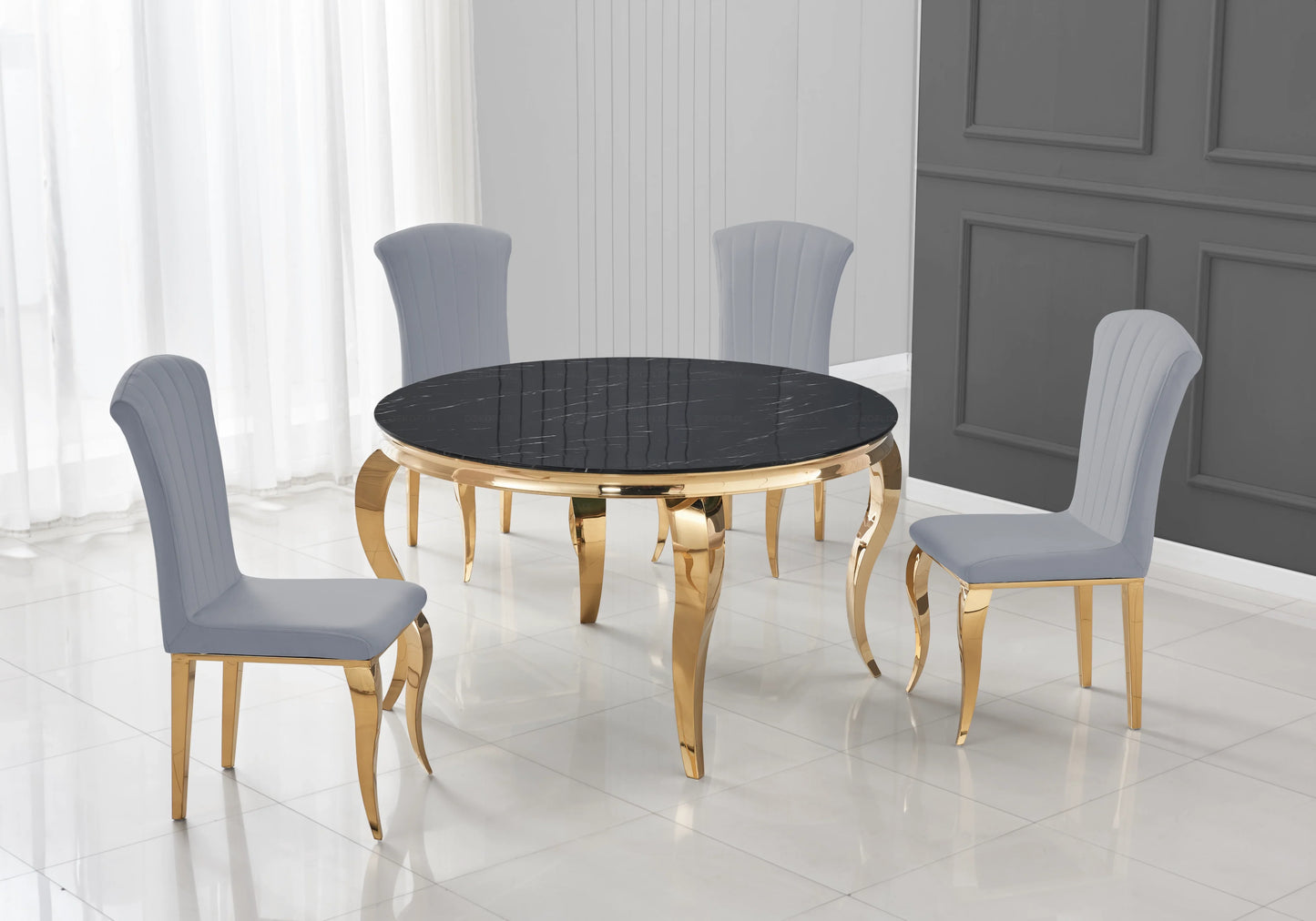 Table ronde marbre noir et 4 chaises velours or – Galerie du Mobilier