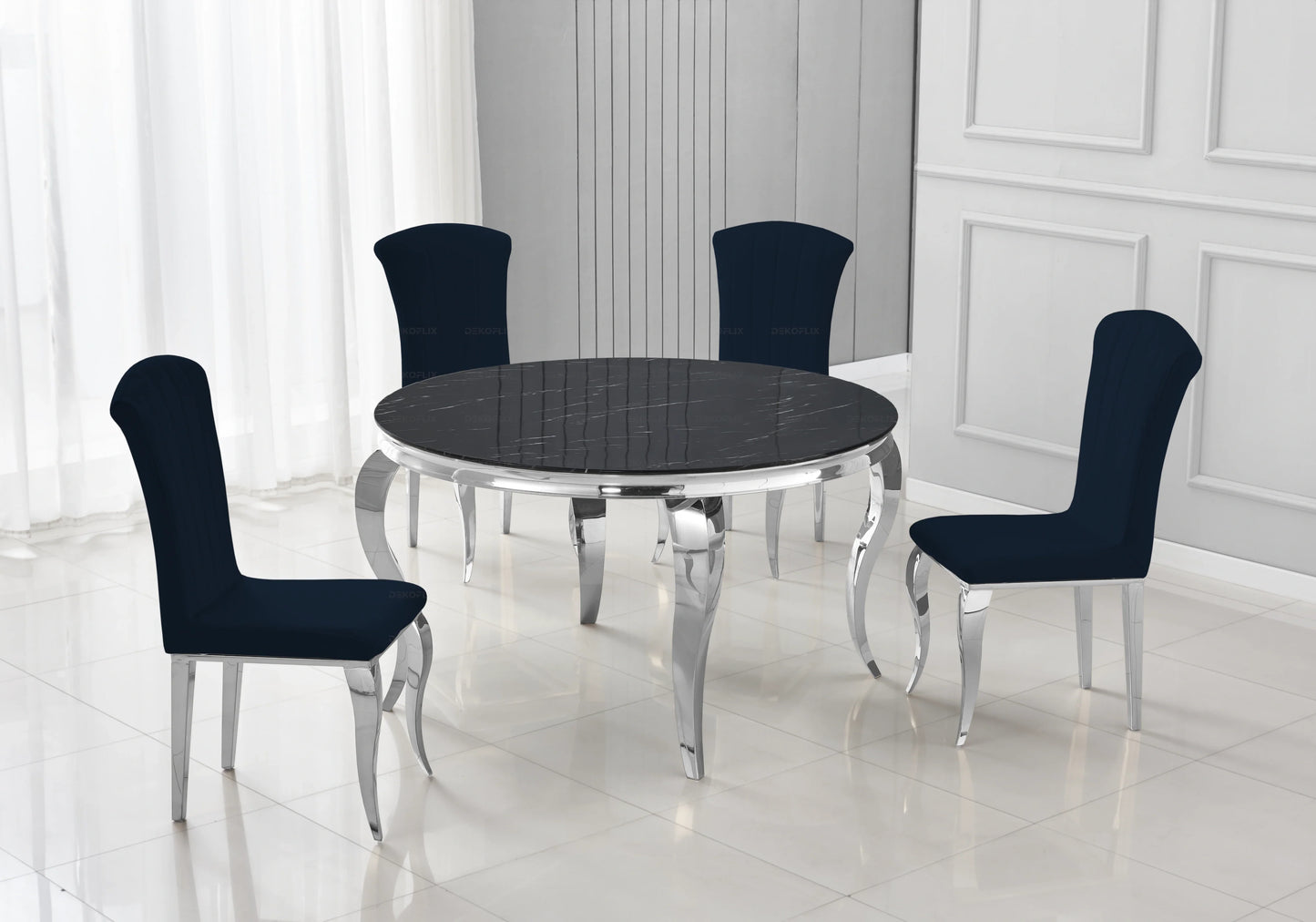 Table ronde marbre noir et 4 chaises argent – Galerie du Mobilier