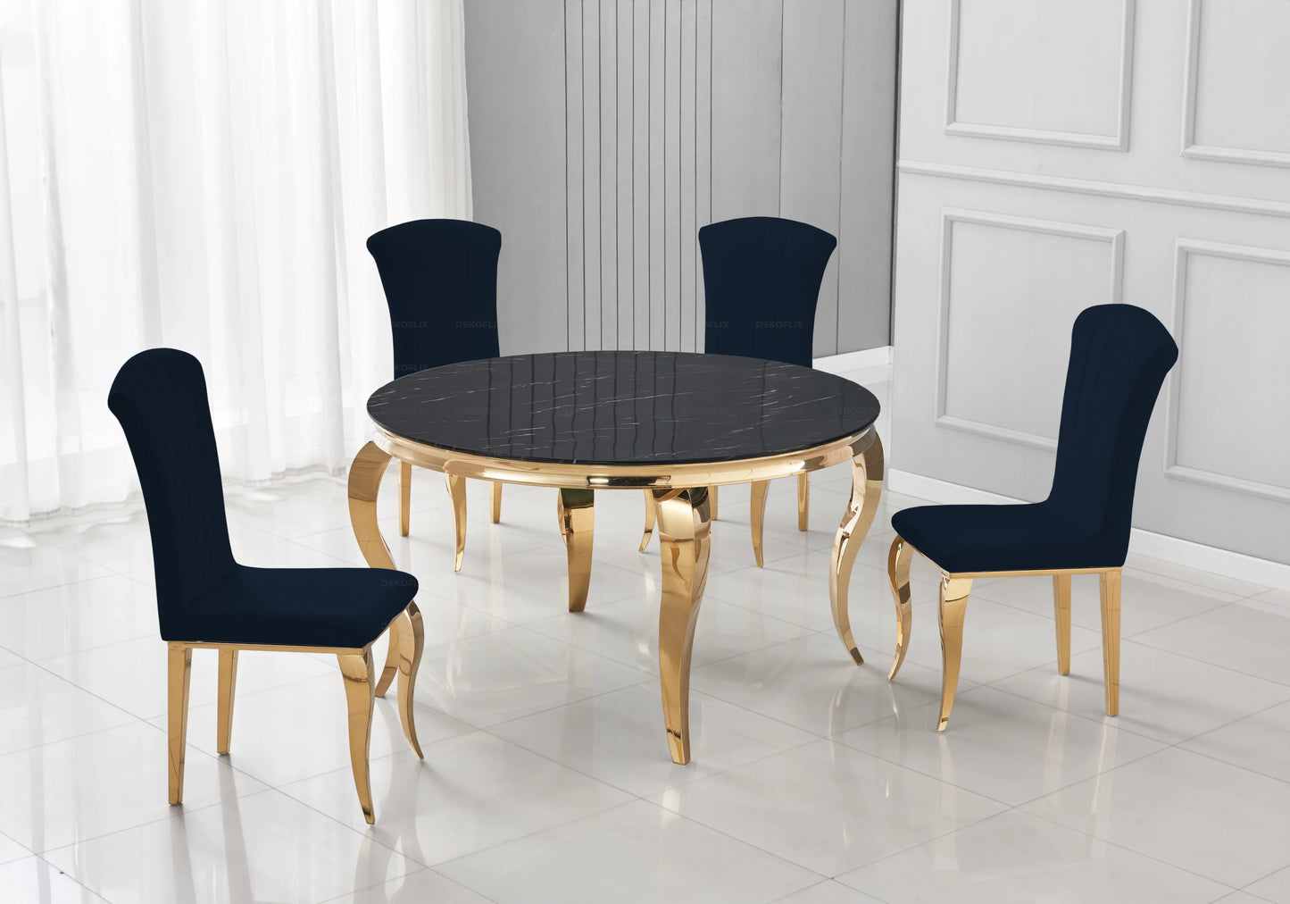 Table ronde marbre noir et 4 chaises velours or – Galerie du Mobilier - Vue 1