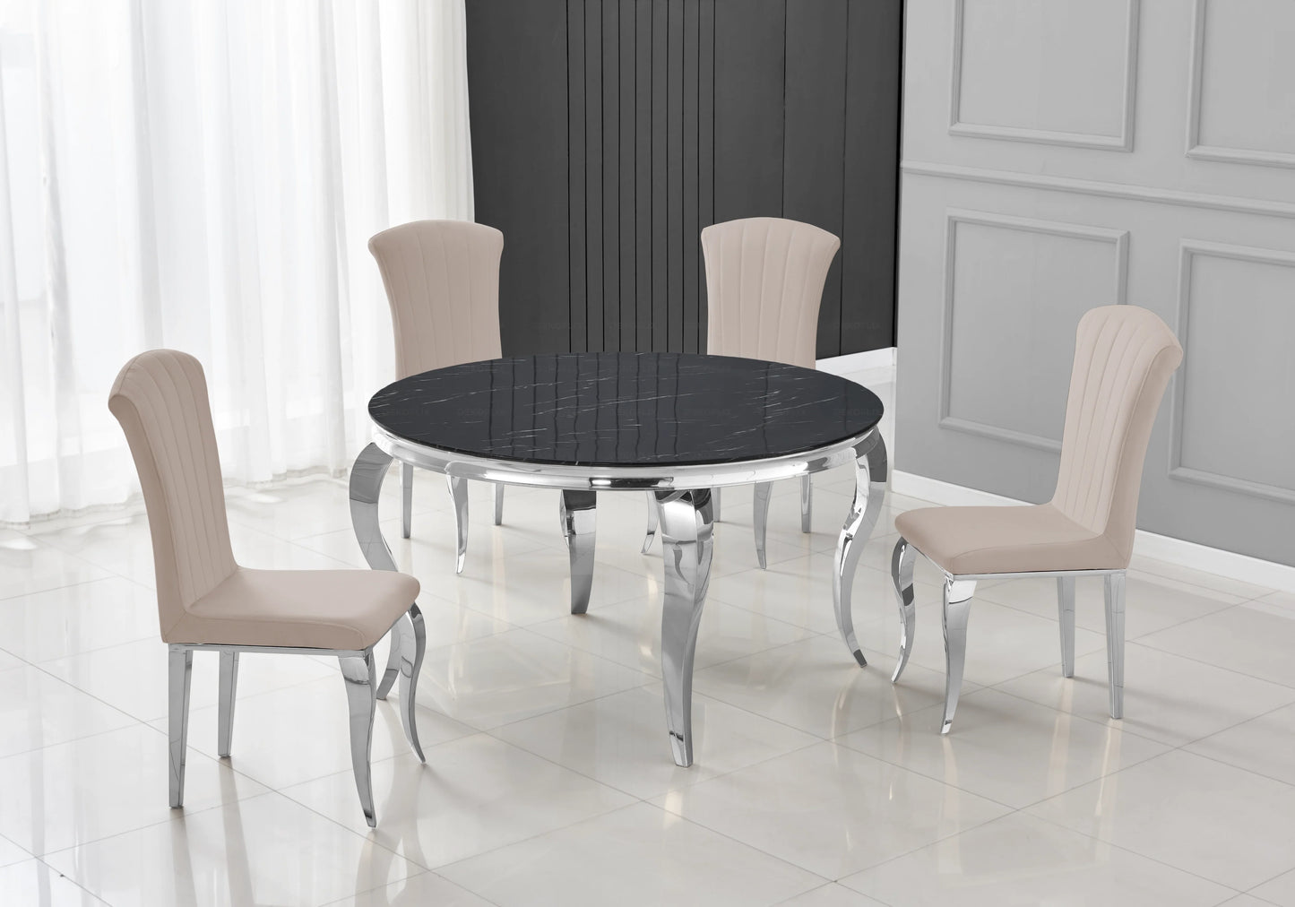 Table ronde marbre noir et 4 chaises argent – Galerie du Mobilier