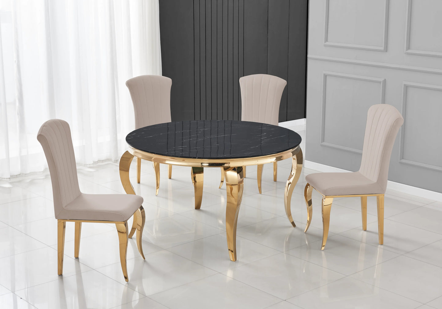 Table ronde marbre noir et 4 chaises velours or – Galerie du Mobilier