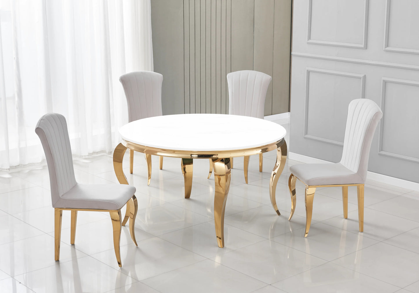 Table ronde verre blanc et 4 chaises velours or – Galerie du Mobilier