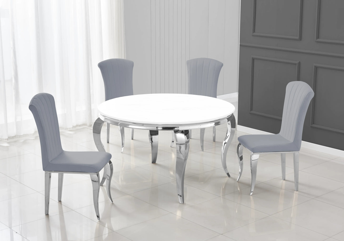 Table ronde verre blanc et 4 chaises argent – Galerie du Mobilier
