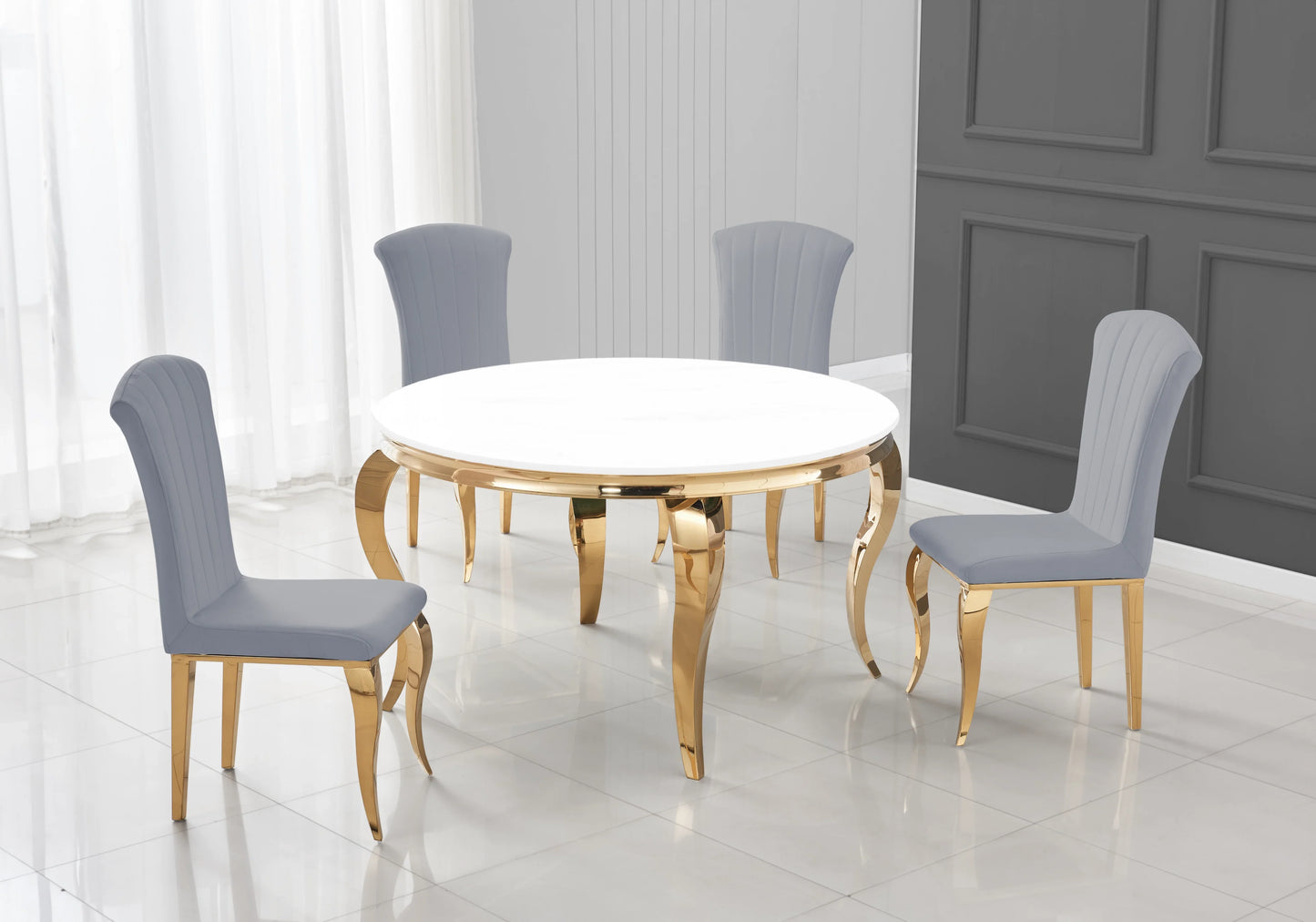 Table ronde verre blanc et 4 chaises velours or – Galerie du Mobilier