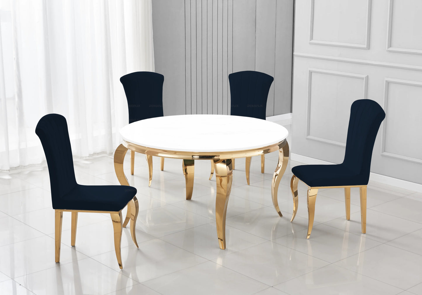Table ronde verre blanc et 4 chaises velours or – Galerie du Mobilier - Vue 1