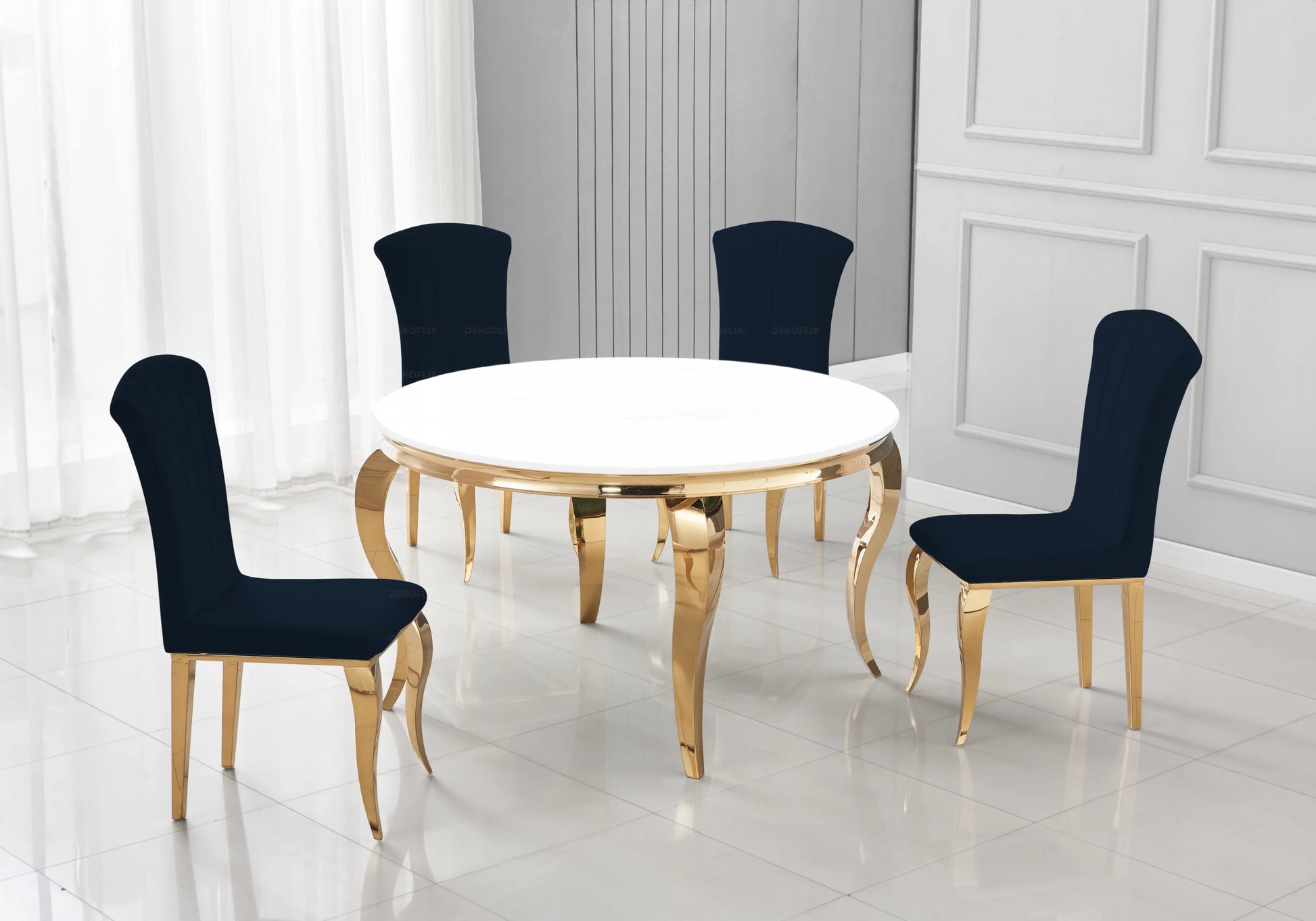 Table ronde verre blanc et 4 chaises velours or – Galerie du Mobilier - Vue 1