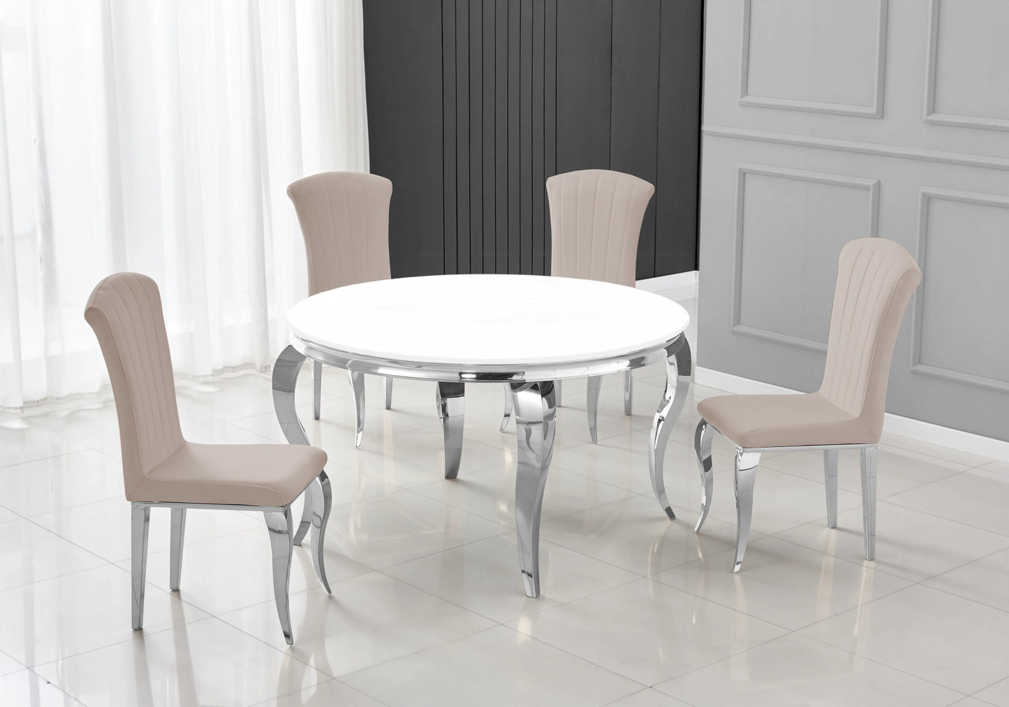Table ronde verre blanc et 4 chaises argent – Galerie du Mobilier