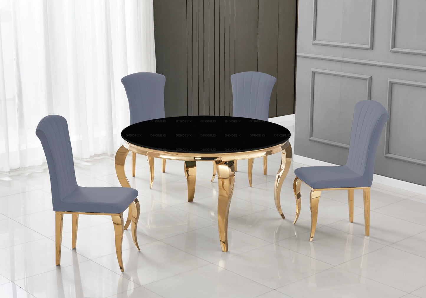 Table ronde verre noir et 4 chaises velours or – Galerie du Mobilier
