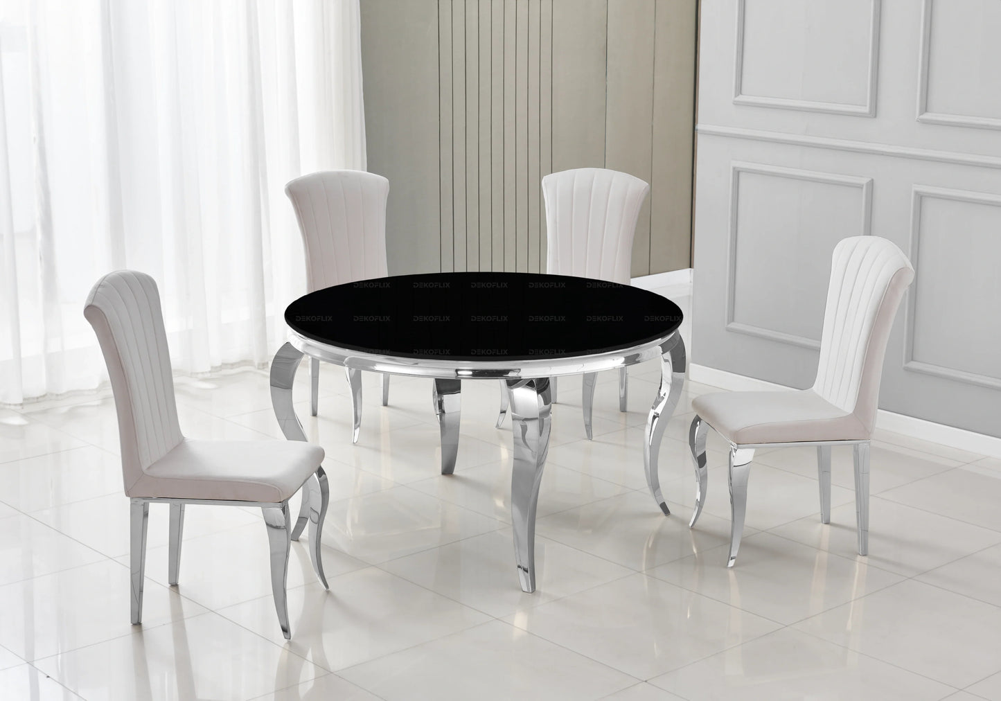 Table ronde verre noir et 4 chaises argent – Galerie du Mobilier